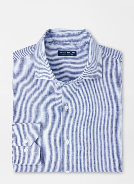 Peter Millar Astino Lino Stripe Sport Shirt in Ocean Blue