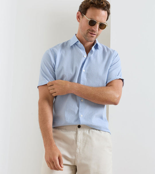 Coastal Stripe Cotton Lyocell Sport Shirt In Bluebird