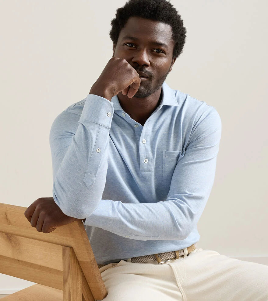 Landon Long Sleeve Polo In Blue Frost