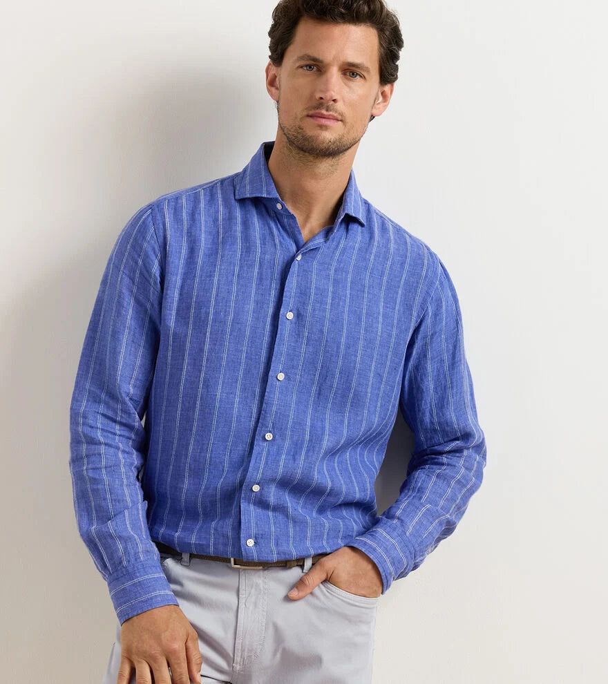 Astino Lino Pencil Stripe Sport Shirt In Dusk Blue