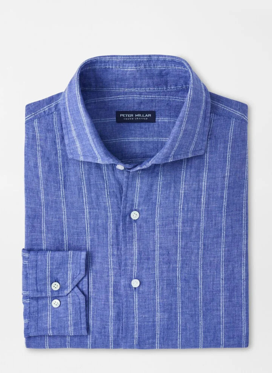 Astino Lino Pencil Stripe Sport Shirt In Dusk Blue
