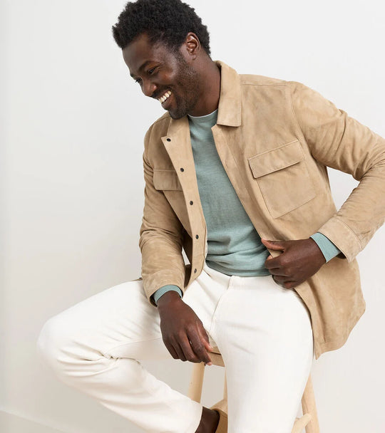 Featherweight Suede Shirt Jacket In Sand