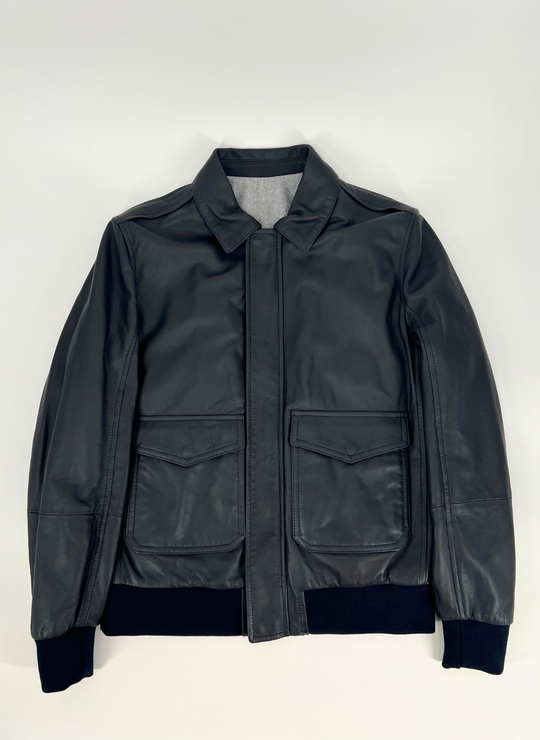 Navy Leather Bomber Jacket
