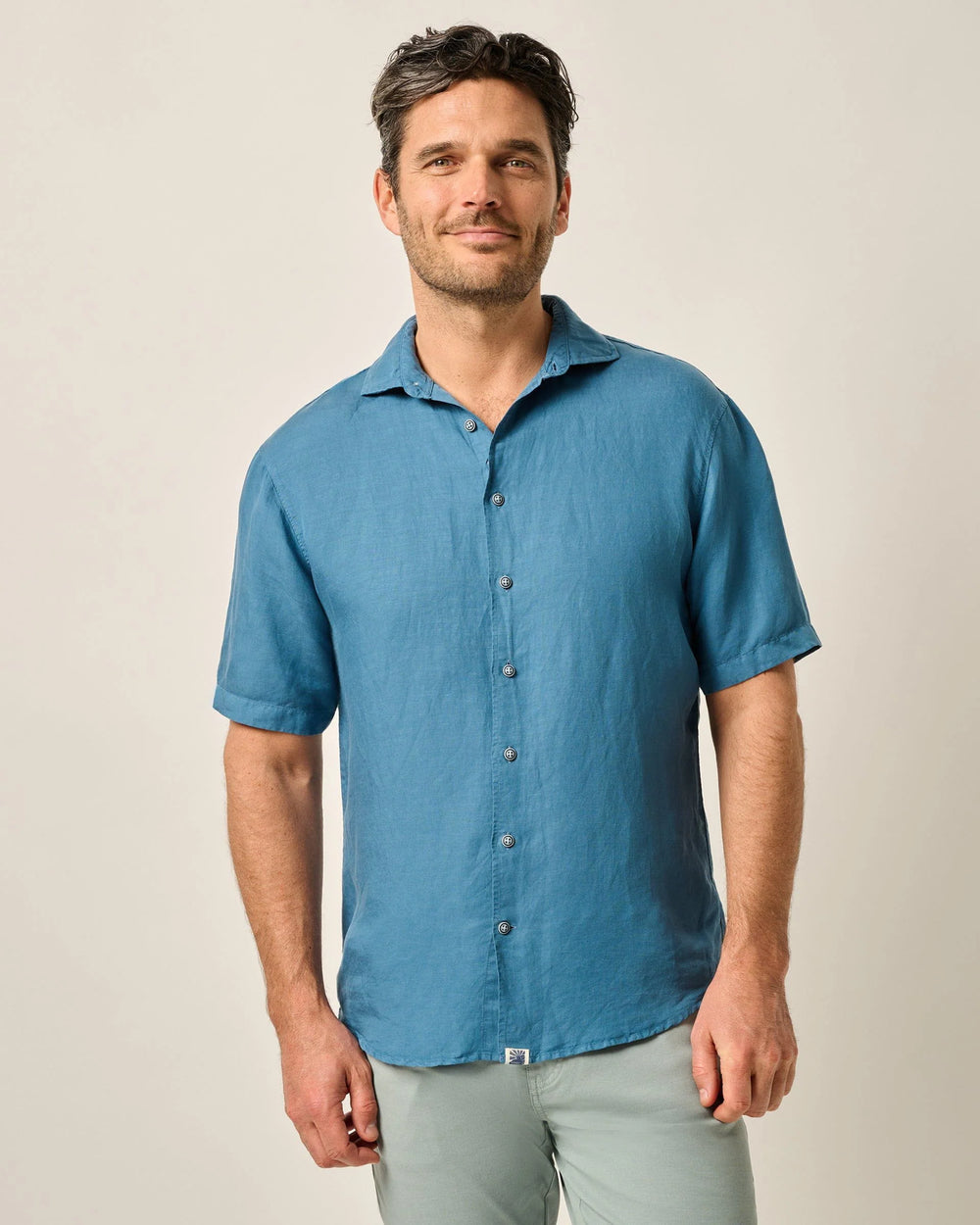 Johnnie-O Gianni Short Sleeve Hangin' Out Linen Button Up Shirt In Navy