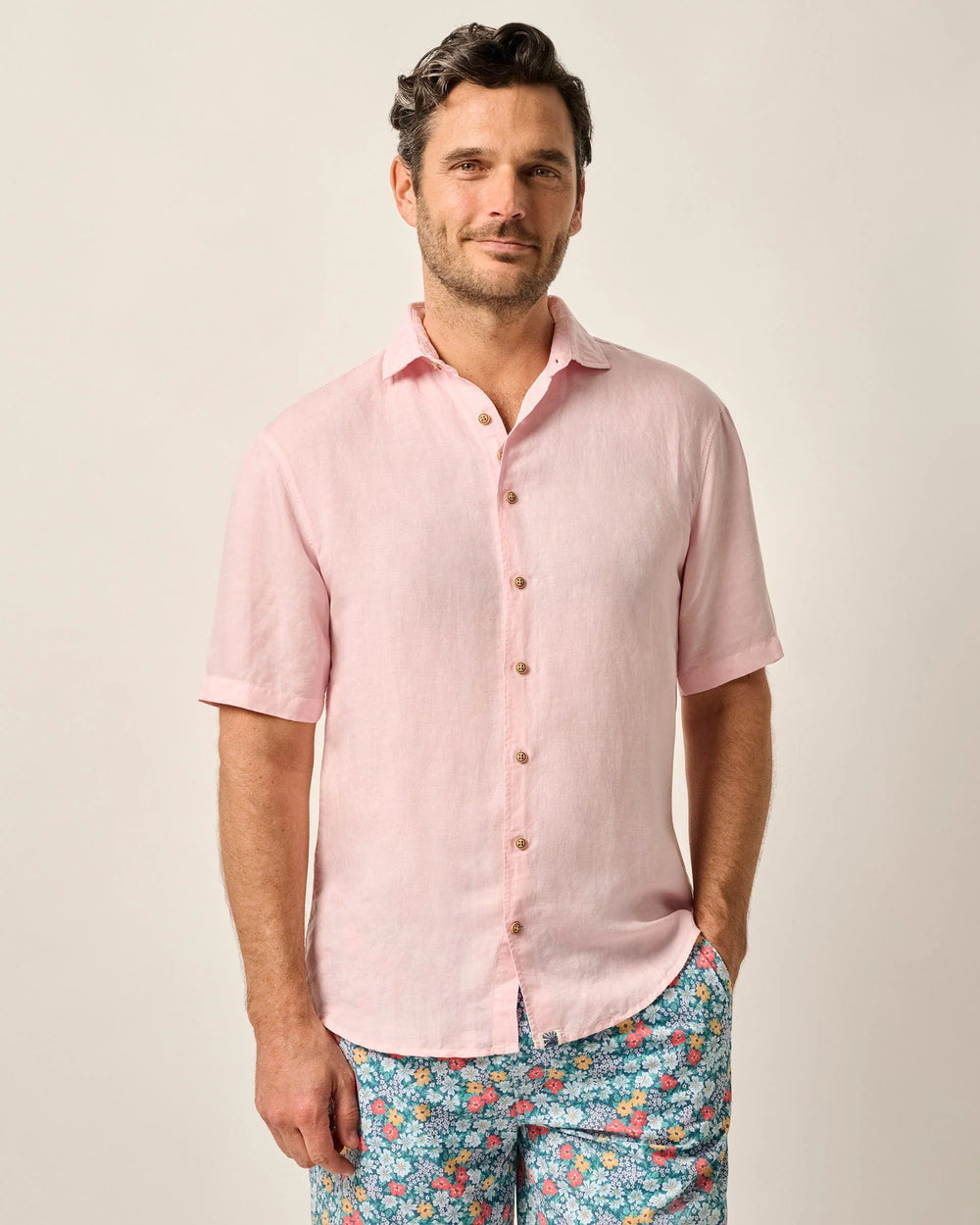 Johnnie-O Gianni Short Sleeve Hangin' Out Linen Button Up Shirt In Petal