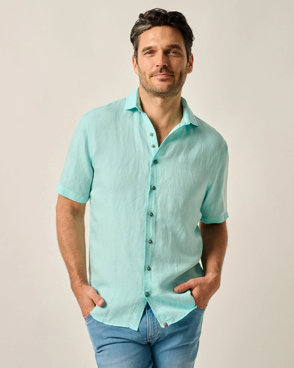 Johnnie-O Gianni Short Sleeve Hangin' Out Linen Button Up Shirt In Tarpon