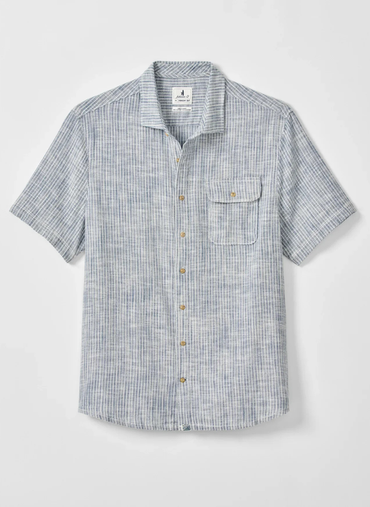 Ennis Short Sleeve Cotton Blend Button Down Shirt In Indigo Stripe