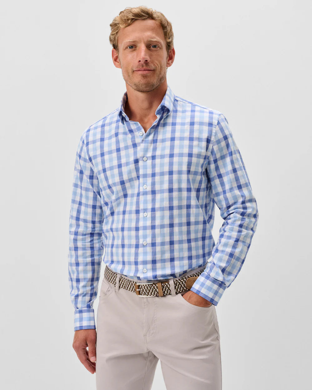 Slub Cotton Button Down Shirt - Candler Exploded Check in Malibu