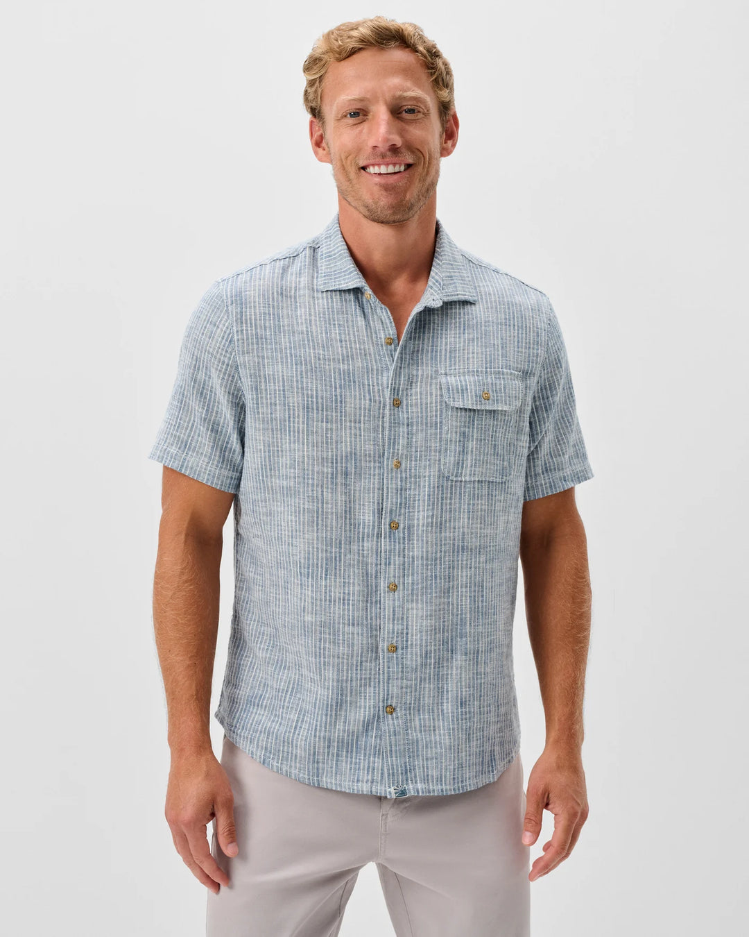 Ennis Short Sleeve Cotton Blend Button Down Shirt In Indigo Stripe
