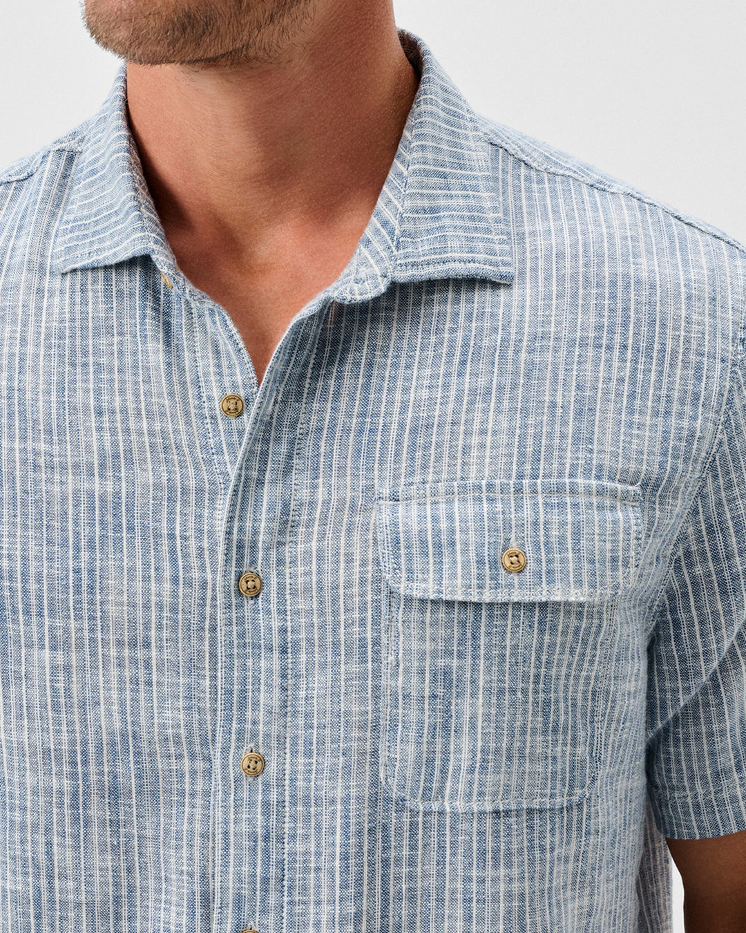 Ennis Short Sleeve Cotton Blend Button Down Shirt In Indigo Stripe