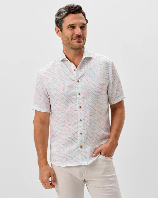 Cash Bar Linen Blend Short Sleeve Button Down Shirt In White