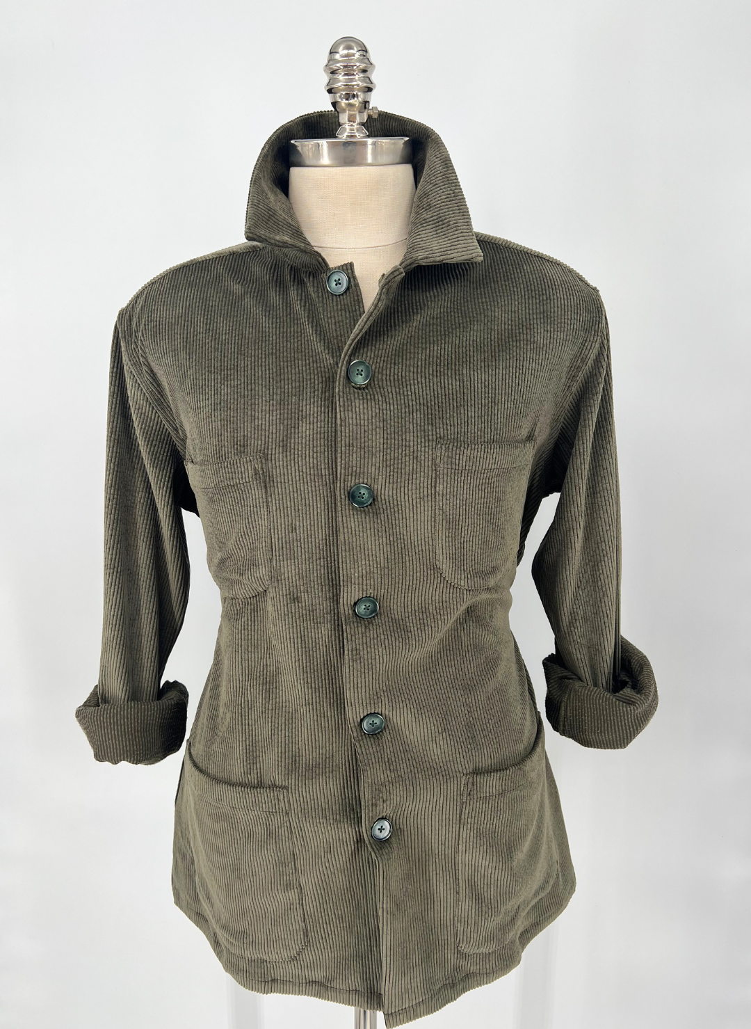 Corduroy Button Front Overshirt In Olive