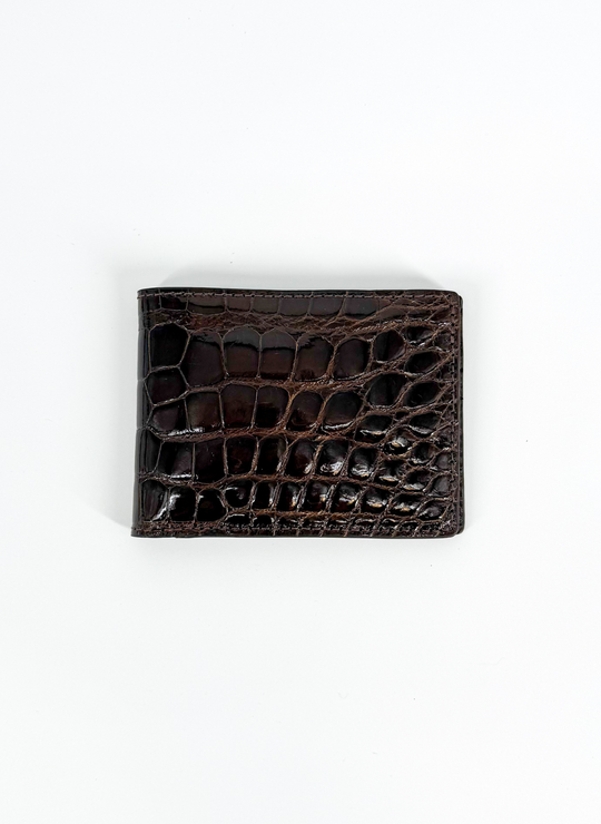 W. Kleinberg Glazed Alligator Bifold Wallet In Chocolate