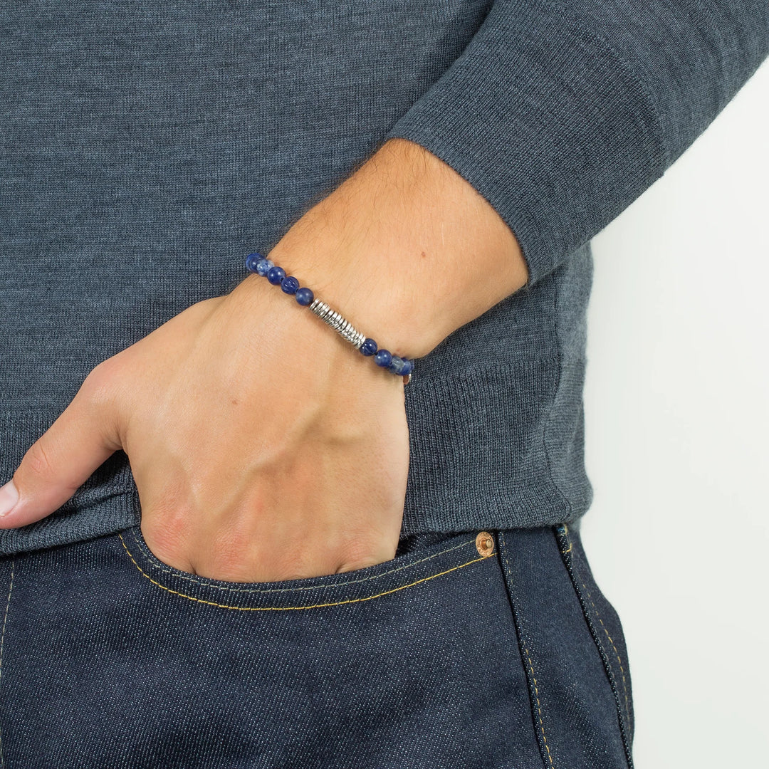 Classic Discs Beaded Bracelet In Blue Sodalite With Rhodium Plated Sterling Silver