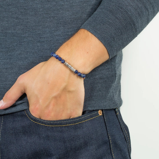 Classic Discs Beaded Bracelet In Blue Sodalite With Rhodium Plated Sterling Silver