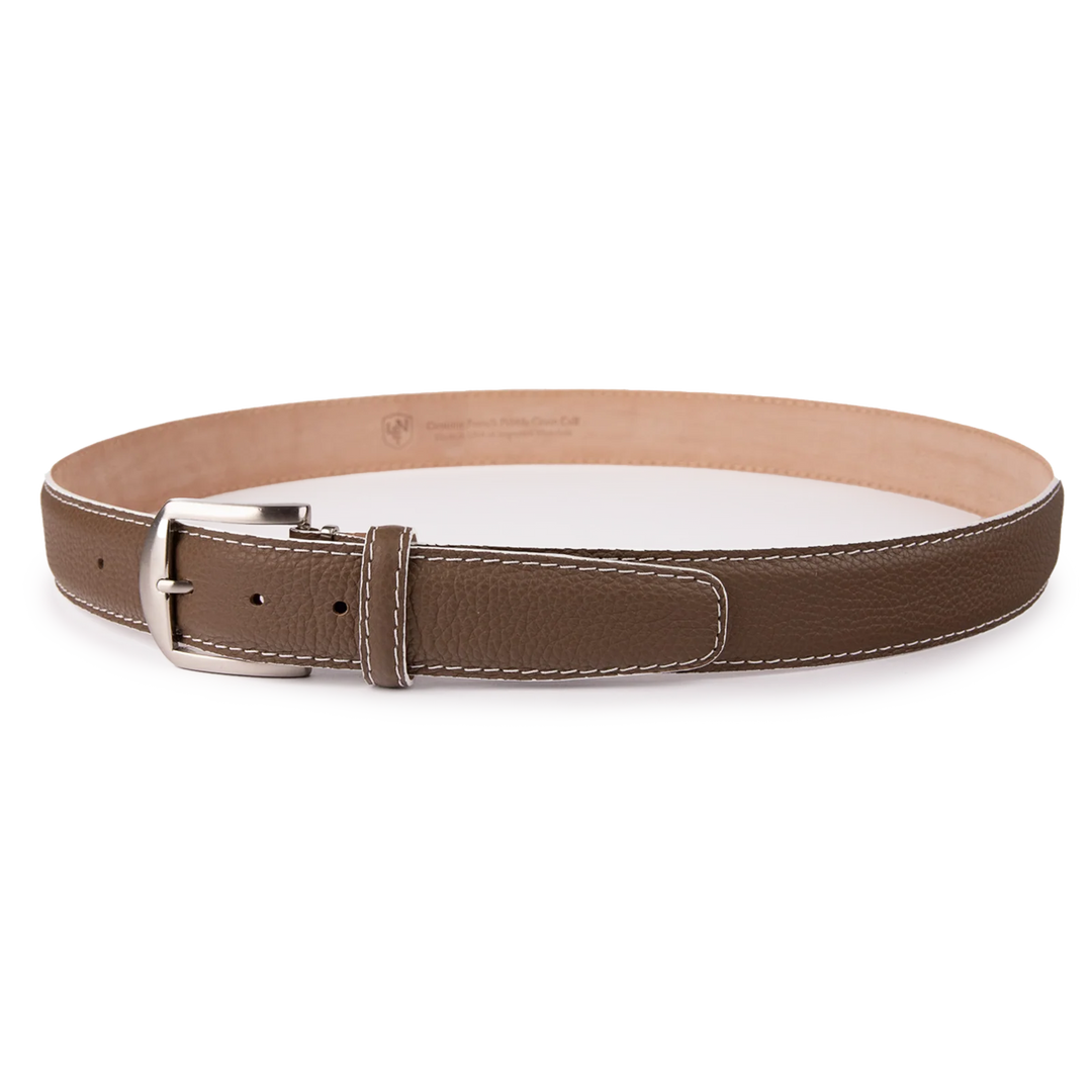 French Pebble Grain Belt - Mocha w/ White Stitch