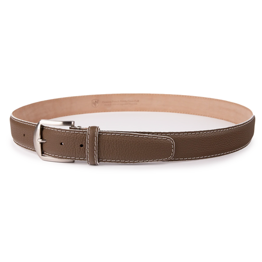 French Pebble Grain Belt - Mocha w/ White Stitch