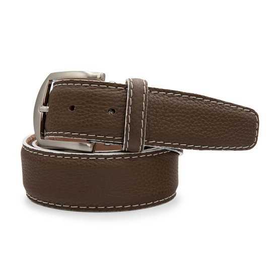 French Pebble Grain Belt - Mocha w/ White Stitch