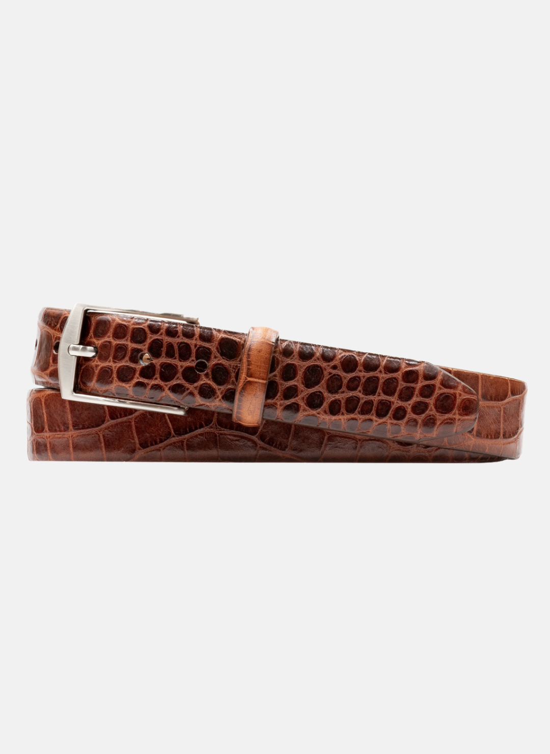 William 2 Buckle Alligator Grain Italian Calf Leather Belt In Chestnut